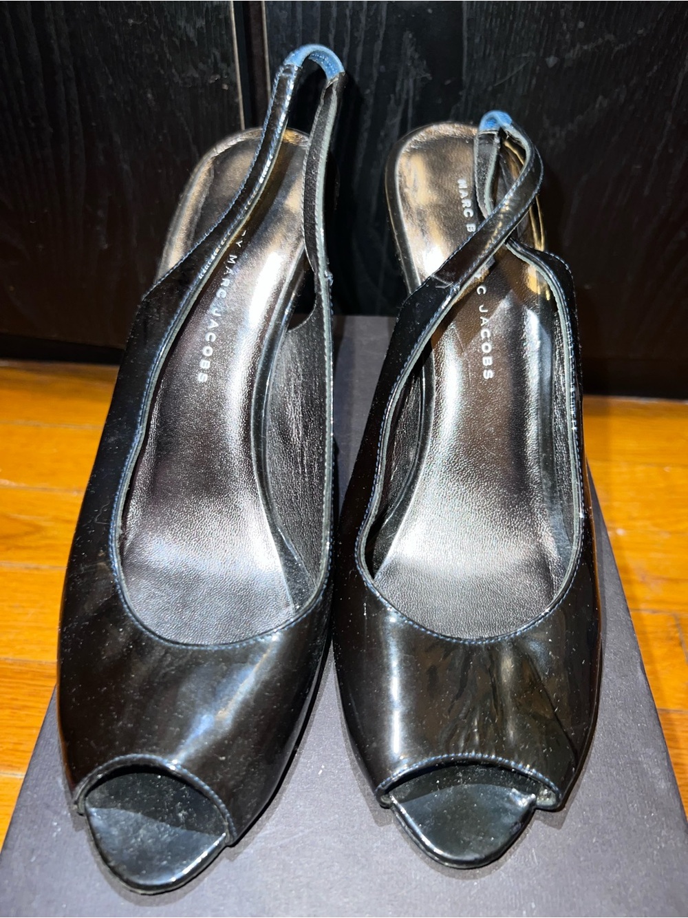 Marc By Marc Jacobs Black Patent Peep-Toe Slingback Heels